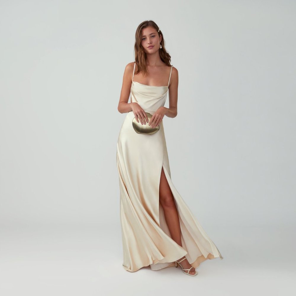 Fame and Partners | Strappy Draped Gown | Champagne, Size 4